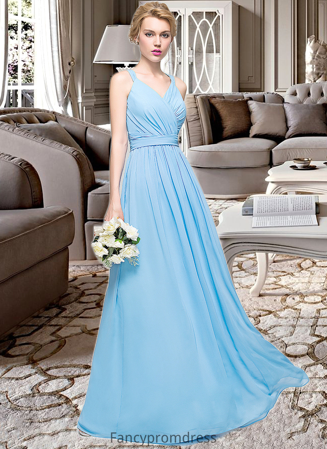 Jakayla A-Line V-neck Floor-Length Chiffon Bridesmaid Dress With Ruffle Bow(s) DRP0013211