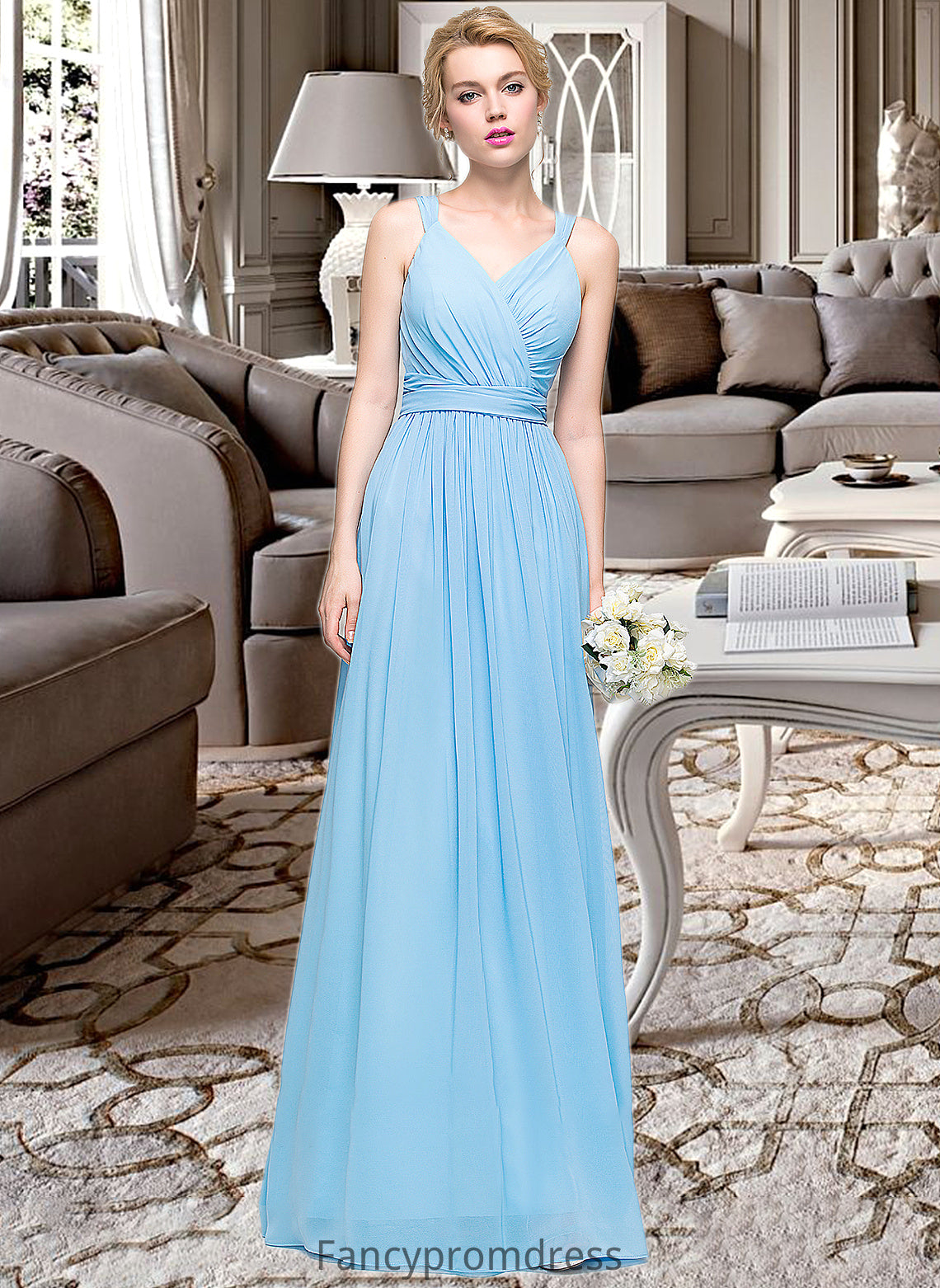 Jakayla A-Line V-neck Floor-Length Chiffon Bridesmaid Dress With Ruffle Bow(s) DRP0013211