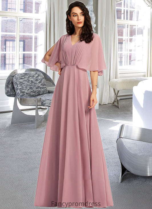 London A-Line V-neck Floor-Length Bridesmaid Dress With Ruffle DRP0013214