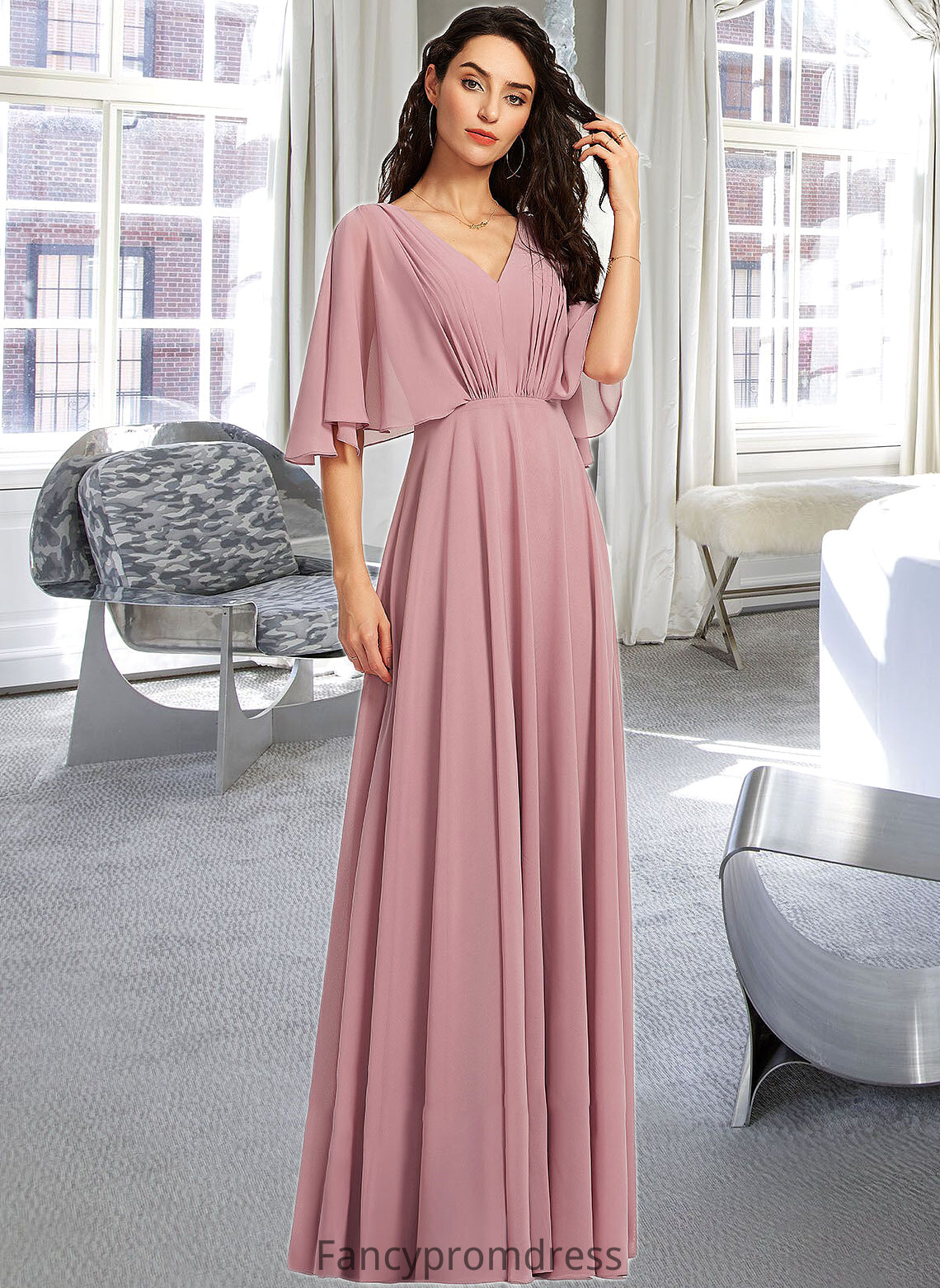 London A-Line V-neck Floor-Length Bridesmaid Dress With Ruffle DRP0013214