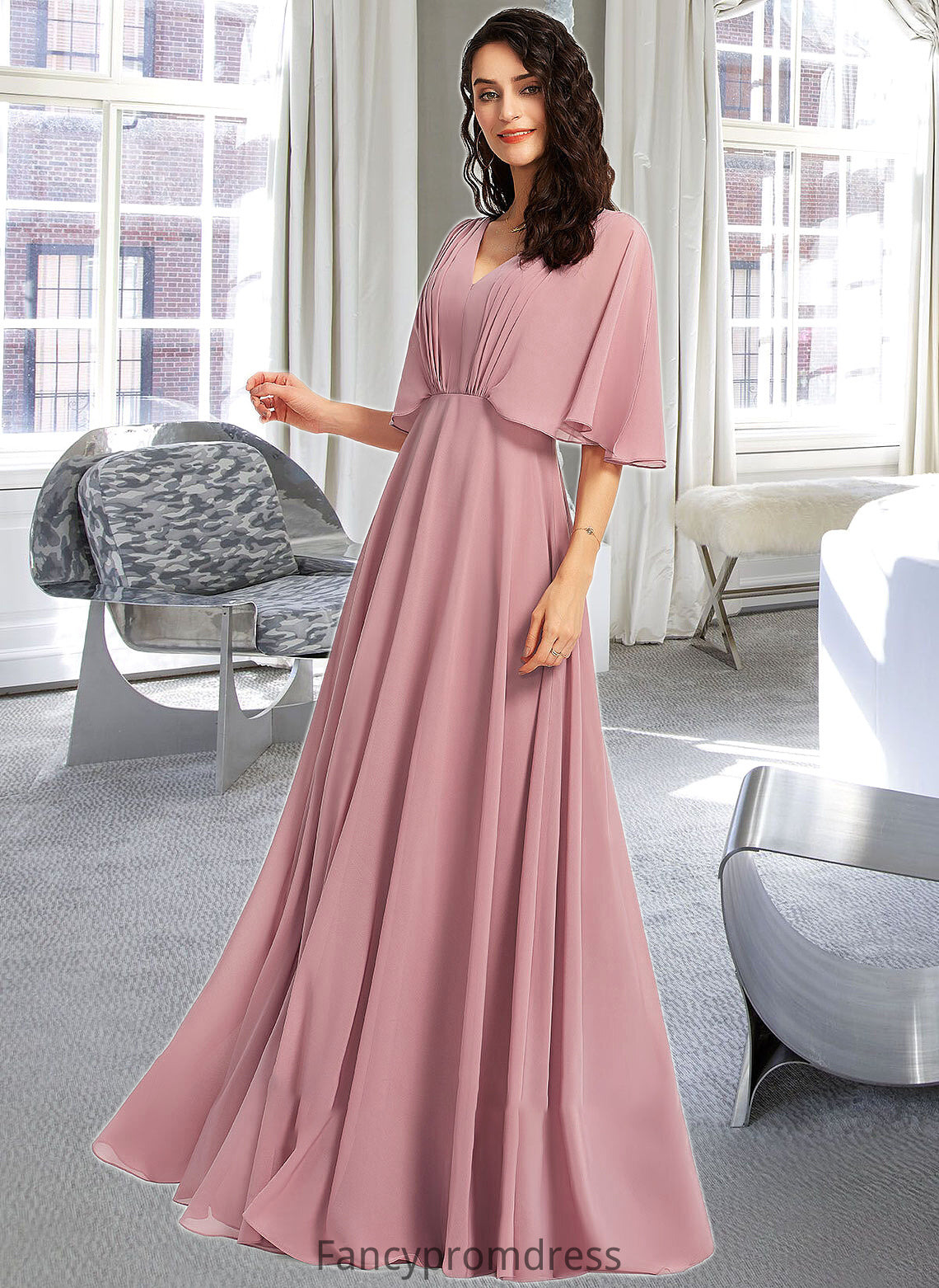 London A-Line V-neck Floor-Length Bridesmaid Dress With Ruffle DRP0013214