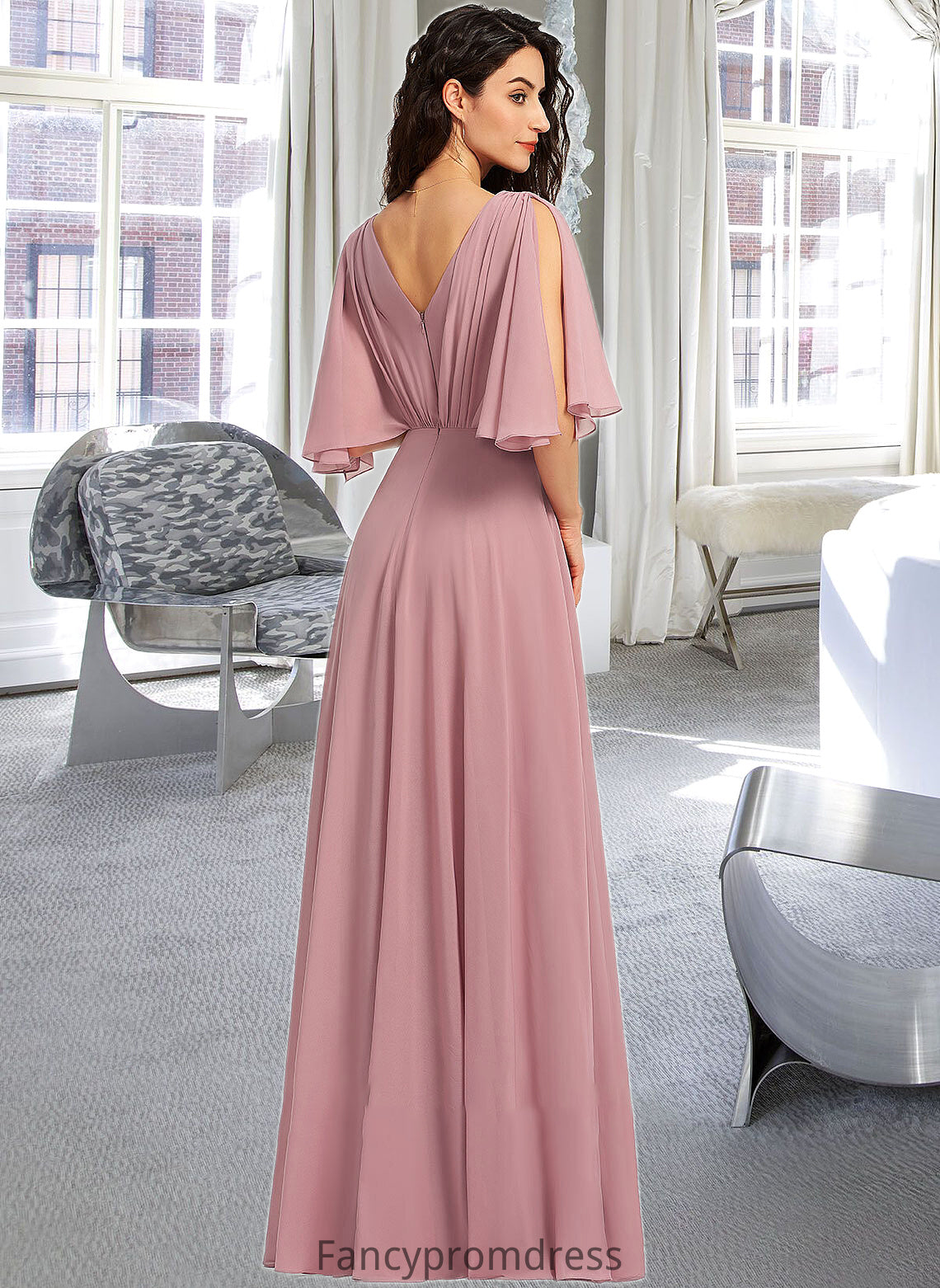 London A-Line V-neck Floor-Length Bridesmaid Dress With Ruffle DRP0013214