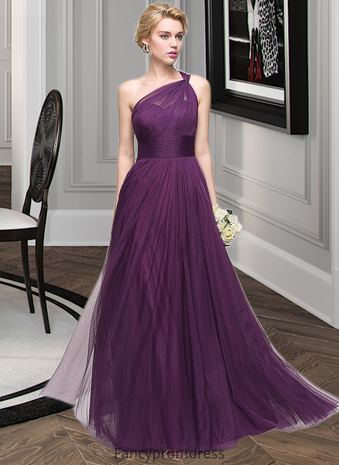 Karley A-Line One-Shoulder Floor-Length Tulle Bridesmaid Dress With Ruffle DRP0013216