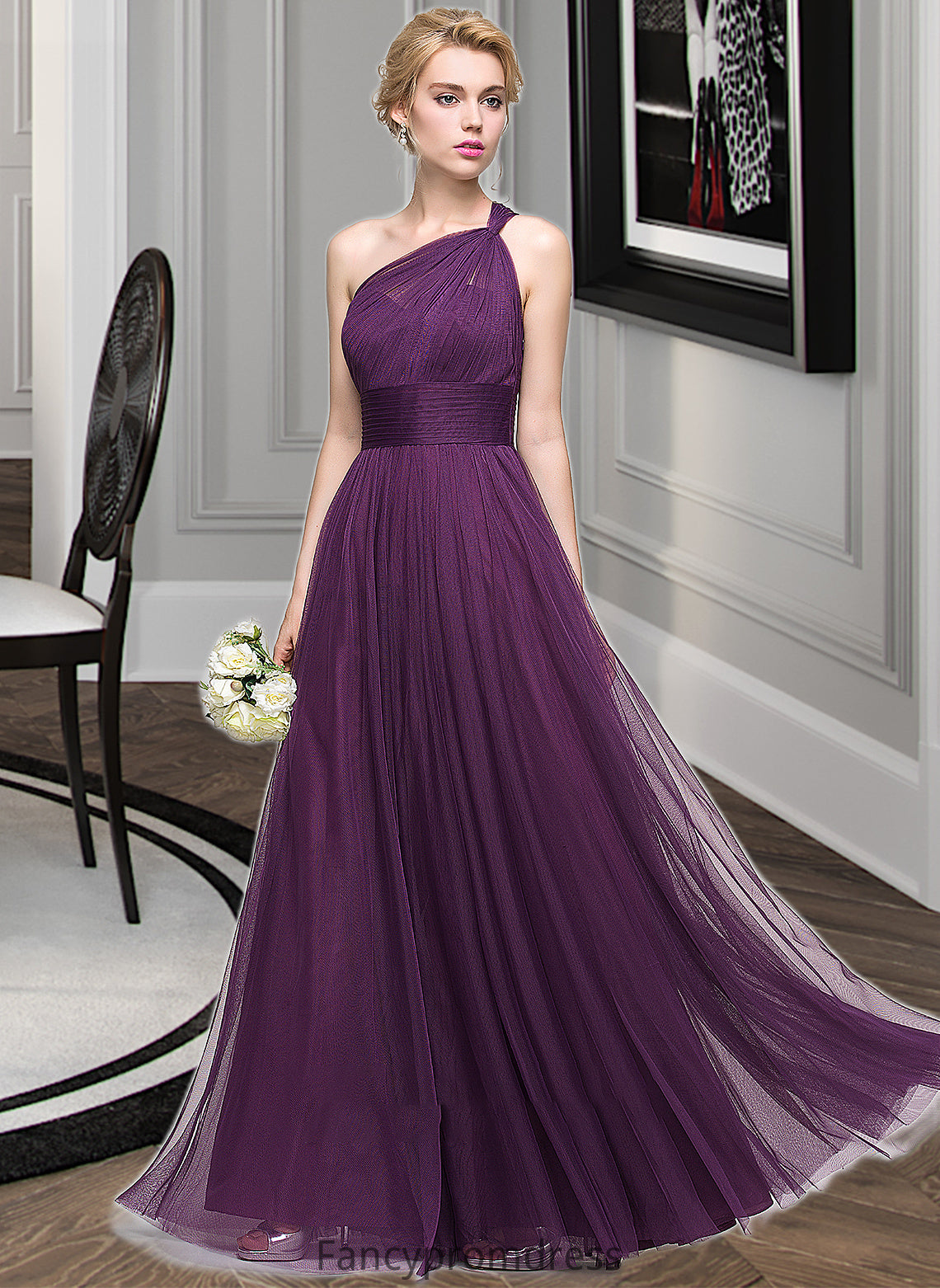 Karley A-Line One-Shoulder Floor-Length Tulle Bridesmaid Dress With Ruffle DRP0013216