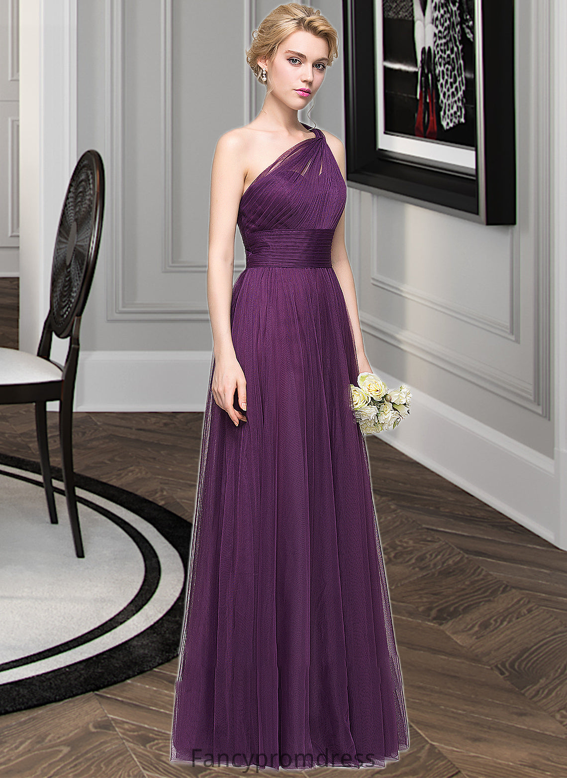 Karley A-Line One-Shoulder Floor-Length Tulle Bridesmaid Dress With Ruffle DRP0013216