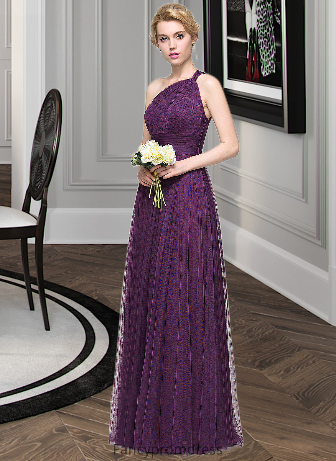 Karley A-Line One-Shoulder Floor-Length Tulle Bridesmaid Dress With Ruffle DRP0013216