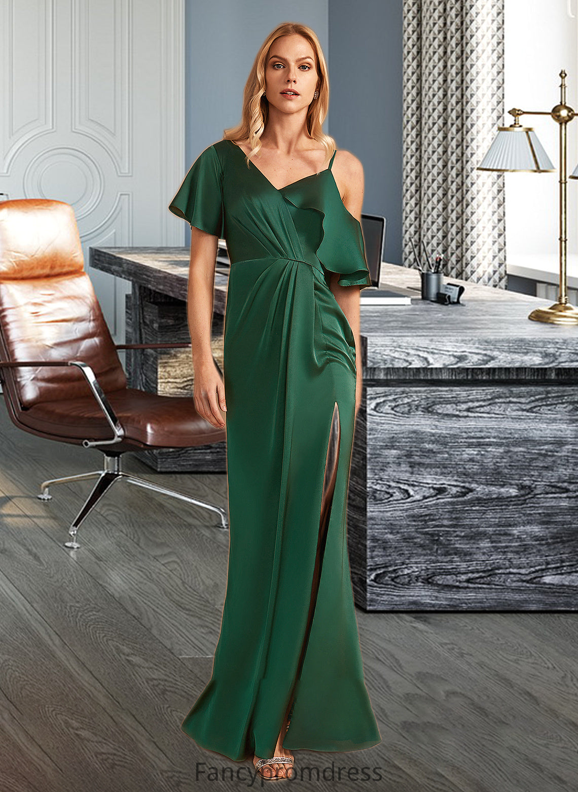 Nayeli Sheath/Column V-neck Floor-Length Bridesmaid Dress With Split Front DRP0013241