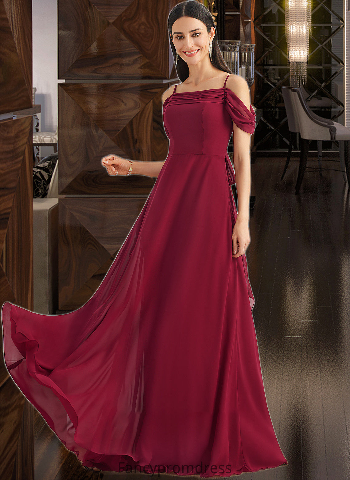 Phoebe A-Line Square Neckline Floor-Length Bridesmaid Dress With Bow(s) DRP0013242