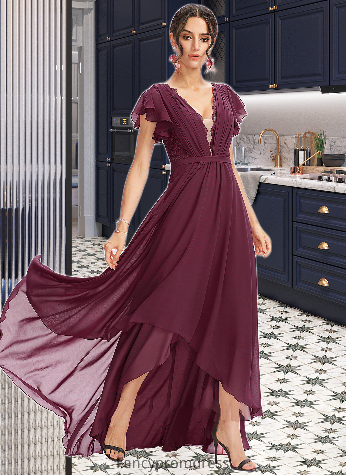 Yoselin A-Line V-neck Asymmetrical Bridesmaid Dress With Lace Cascading Ruffles DRP0013243