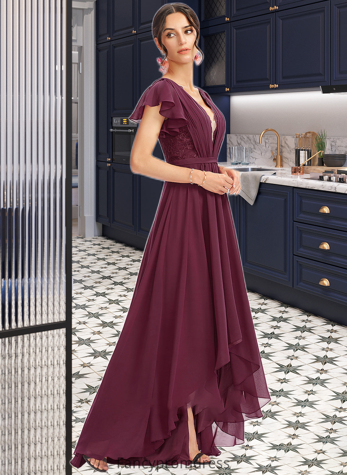 Yoselin A-Line V-neck Asymmetrical Bridesmaid Dress With Lace Cascading Ruffles DRP0013243