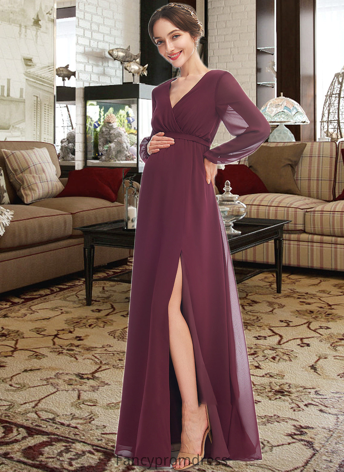 Geraldine A-Line V-neck Floor-Length Bridesmaid Dress With Split Front DRP0013244