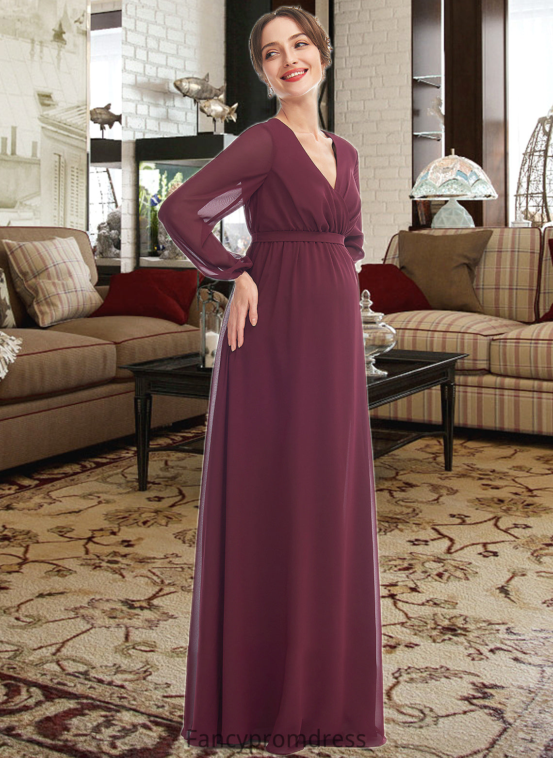 Geraldine A-Line V-neck Floor-Length Bridesmaid Dress With Split Front DRP0013244