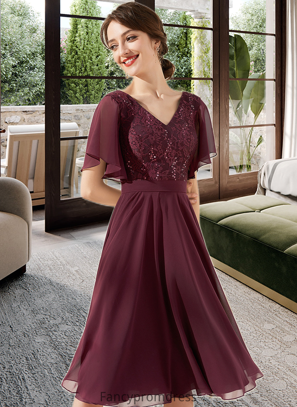 Muriel A-Line V-neck Knee-Length Chiffon Lace Bridesmaid Dress With Sequins DRP0013246