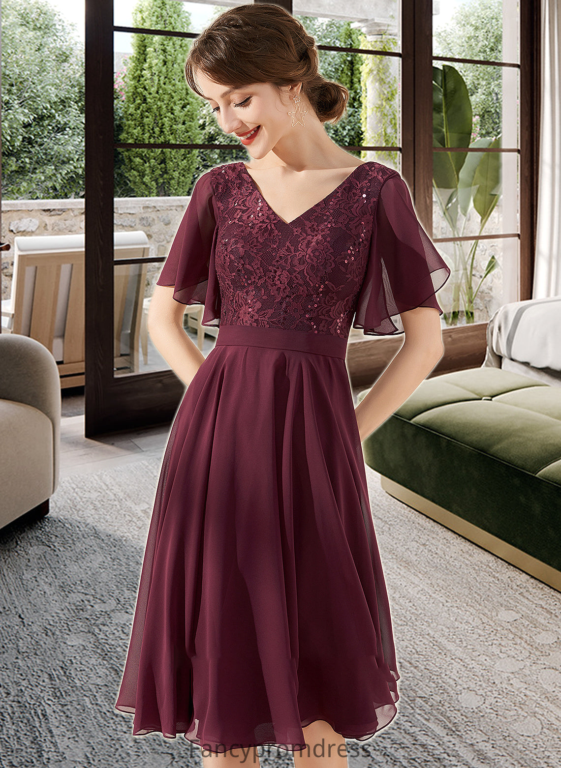 Muriel A-Line V-neck Knee-Length Chiffon Lace Bridesmaid Dress With Sequins DRP0013246