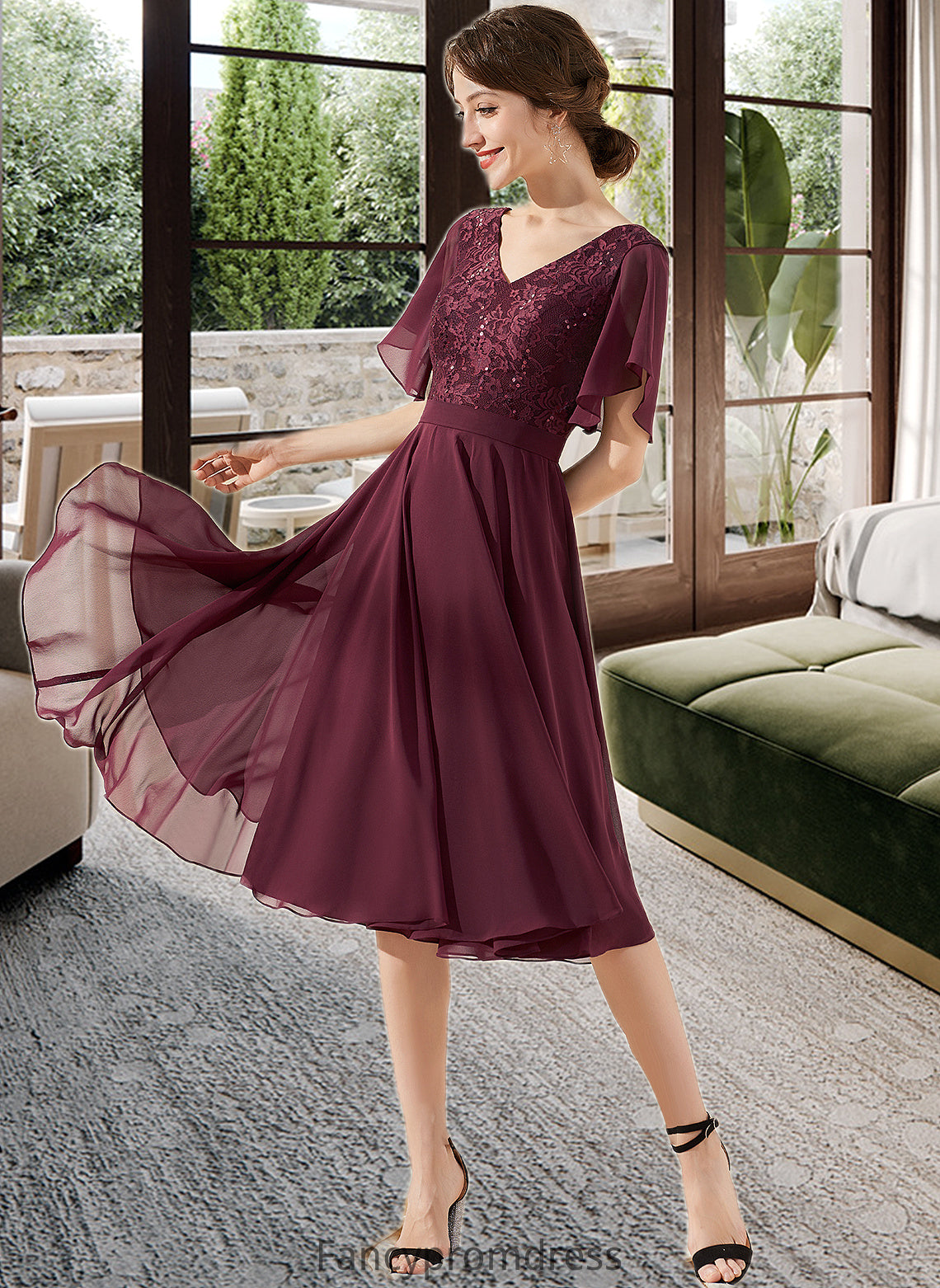 Muriel A-Line V-neck Knee-Length Chiffon Lace Bridesmaid Dress With Sequins DRP0013246