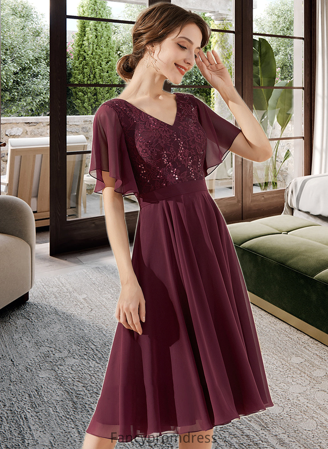 Muriel A-Line V-neck Knee-Length Chiffon Lace Bridesmaid Dress With Sequins DRP0013246