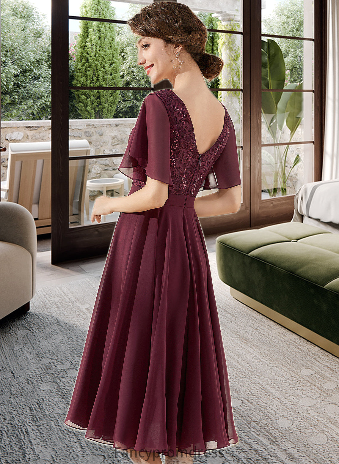 Muriel A-Line V-neck Knee-Length Chiffon Lace Bridesmaid Dress With Sequins DRP0013246