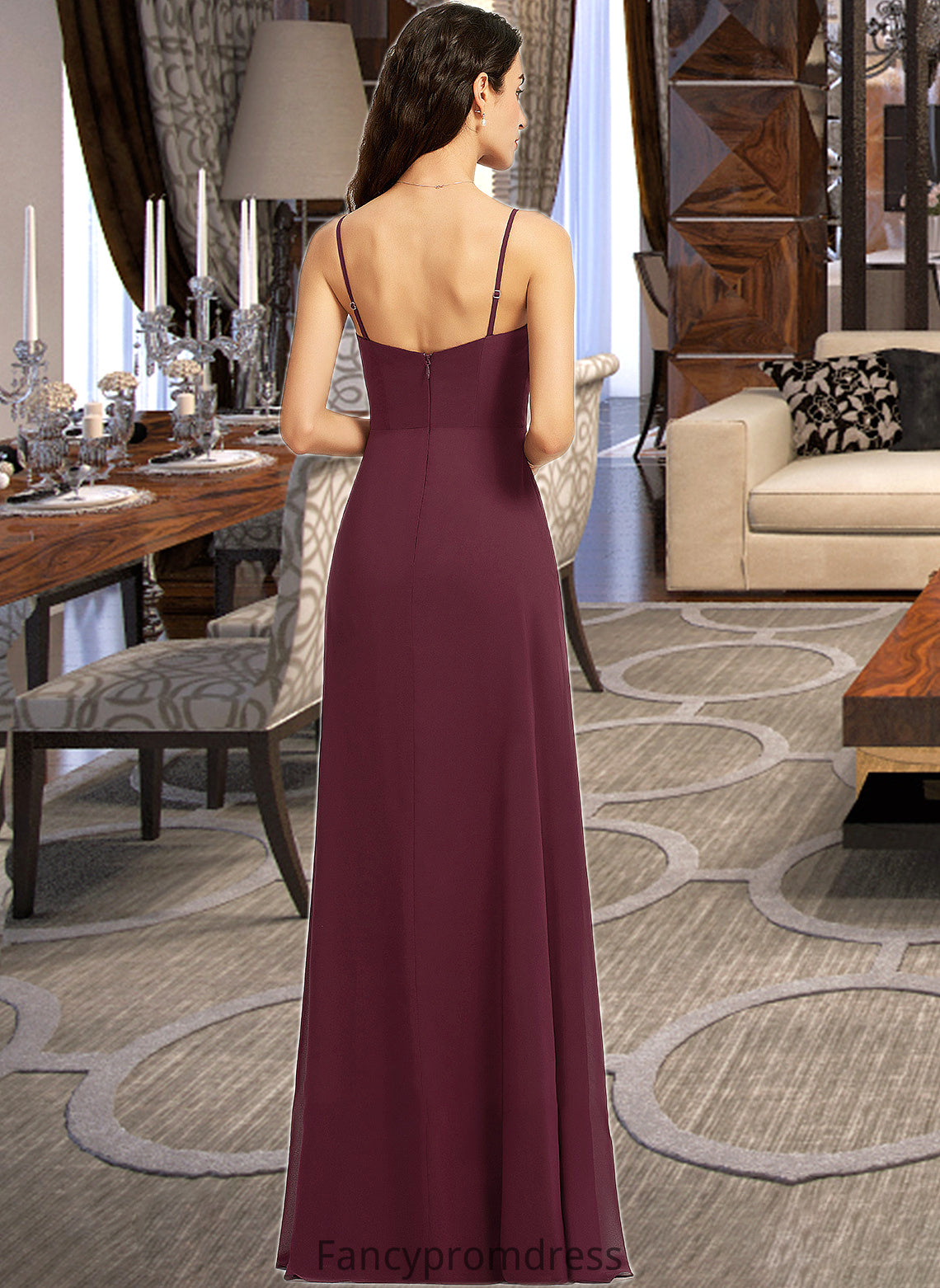 Kaila Sheath/Column V-neck Floor-Length Bridesmaid Dress With Ruffle Split Front DRP0013247