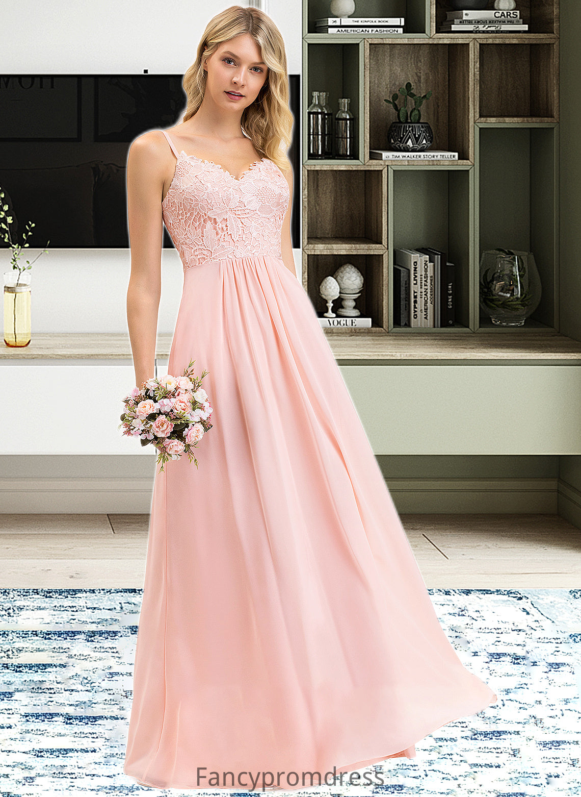 Amber A-Line Sweetheart Floor-Length Chiffon Lace Bridesmaid Dress DRP0013248