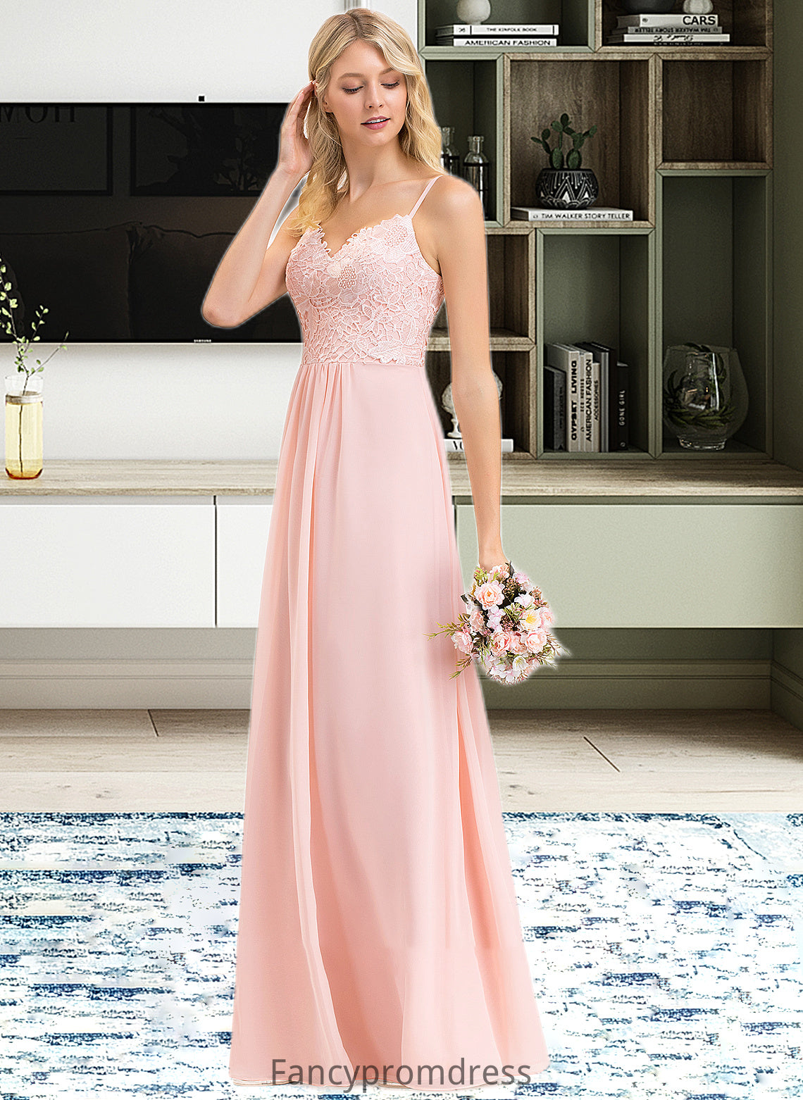 Amber A-Line Sweetheart Floor-Length Chiffon Lace Bridesmaid Dress DRP0013248