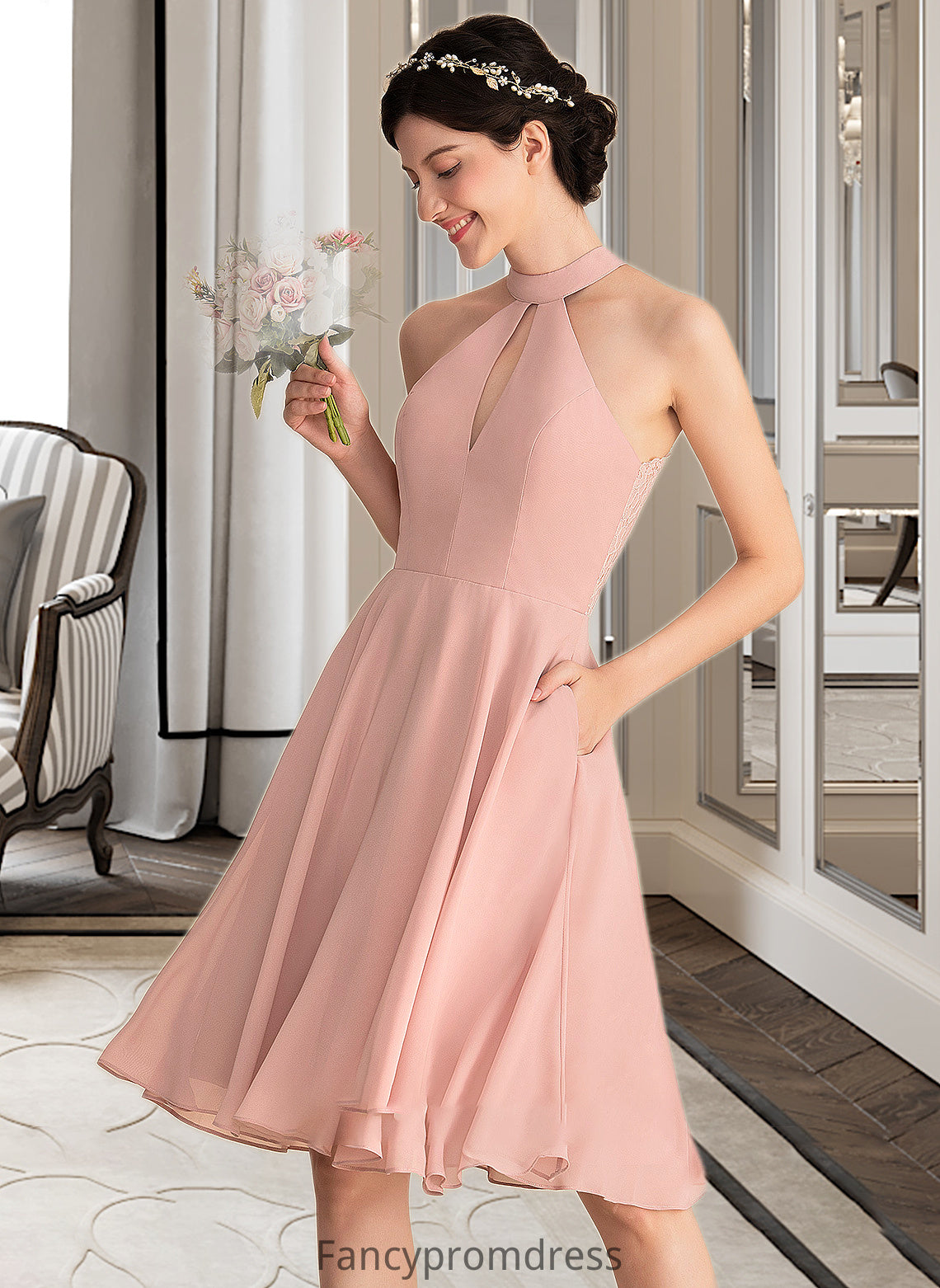 Susie A-Line Scoop Neck Knee-Length Chiffon Bridesmaid Dress With Lace Pockets DRP0013249