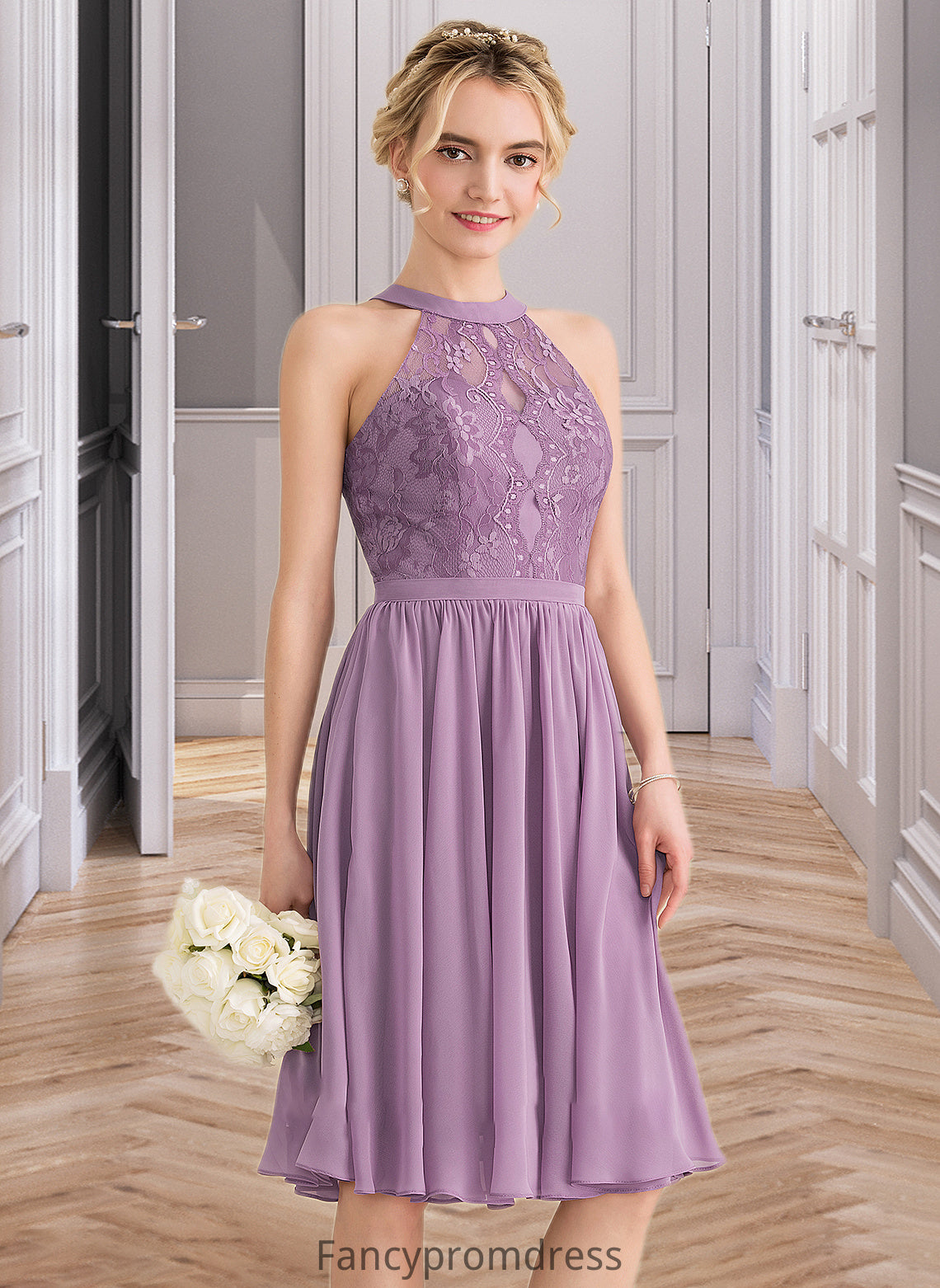 Louise A-Line Scoop Neck Knee-Length Chiffon Lace Bridesmaid Dress DRP0013250