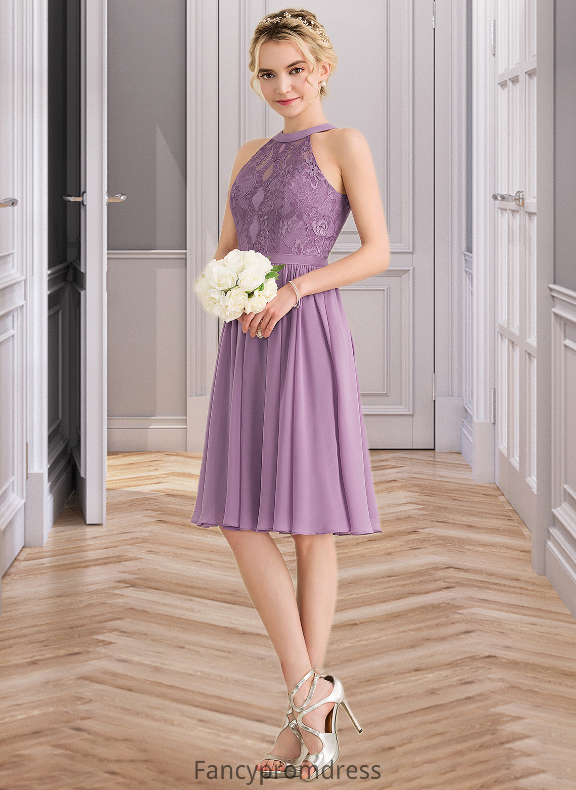 Louise A-Line Scoop Neck Knee-Length Chiffon Lace Bridesmaid Dress DRP0013250