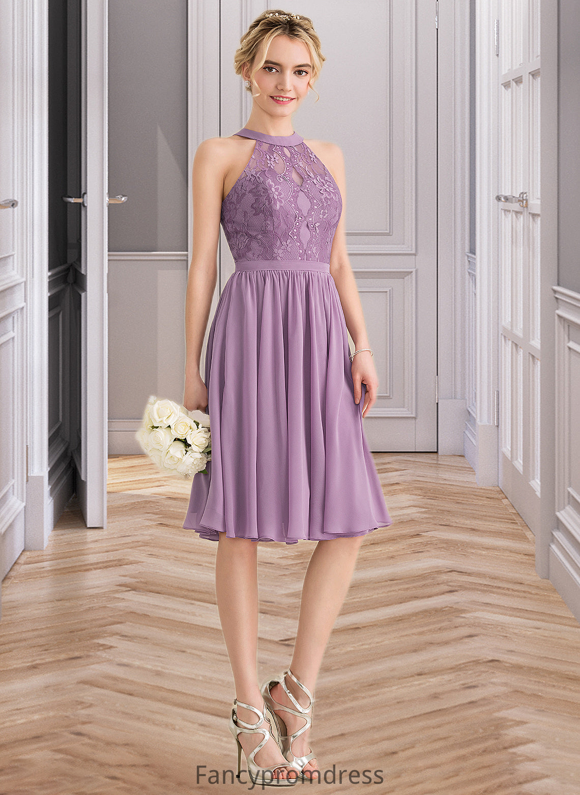 Louise A-Line Scoop Neck Knee-Length Chiffon Lace Bridesmaid Dress DRP0013250