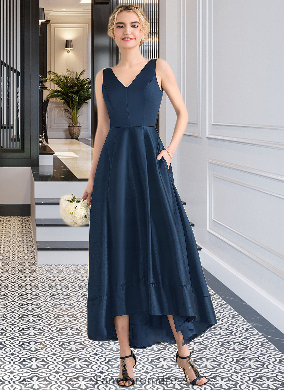 Aliana Ball-Gown/Princess V-neck Asymmetrical Satin Bridesmaid Dress With Pockets DRP0013251