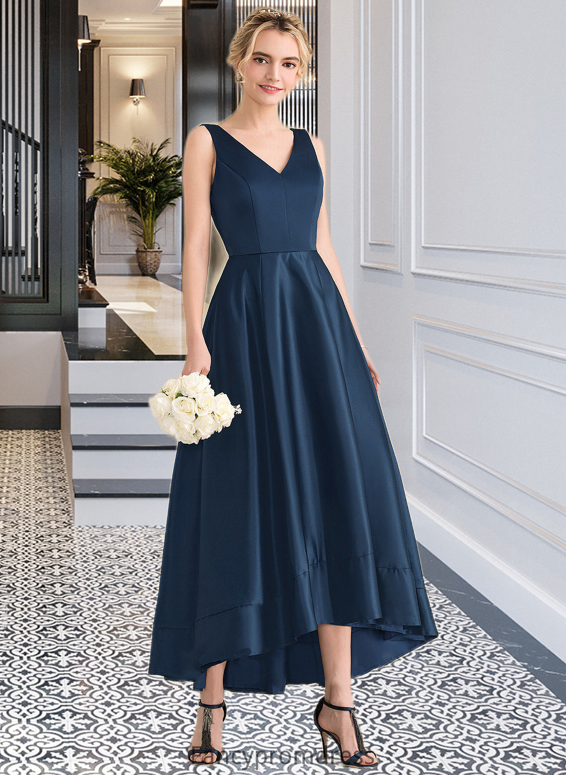 Aliana Ball-Gown/Princess V-neck Asymmetrical Satin Bridesmaid Dress With Pockets DRP0013251