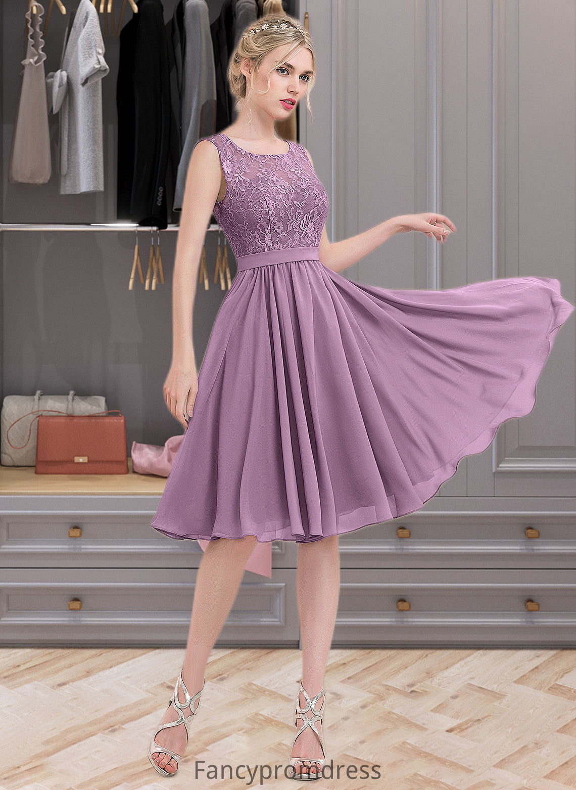 Alanna A-Line Square Neckline Knee-Length Chiffon Lace Bridesmaid Dress DRP0013252