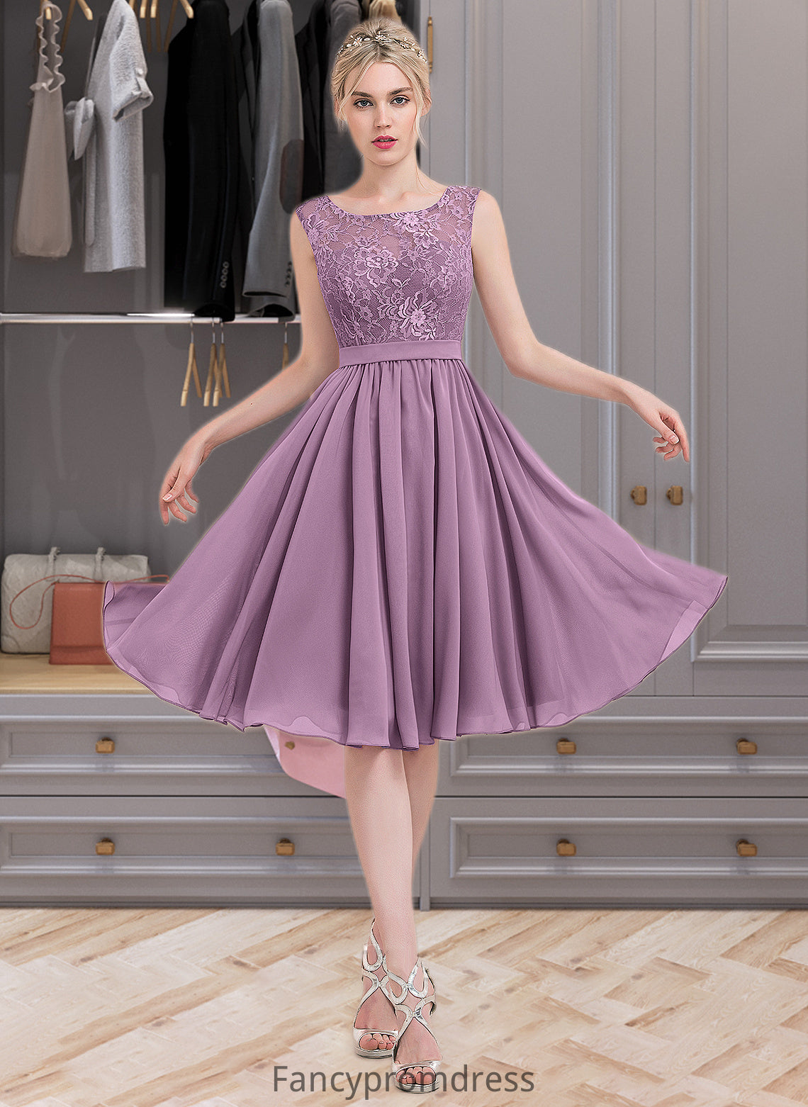 Alanna A-Line Square Neckline Knee-Length Chiffon Lace Bridesmaid Dress DRP0013252