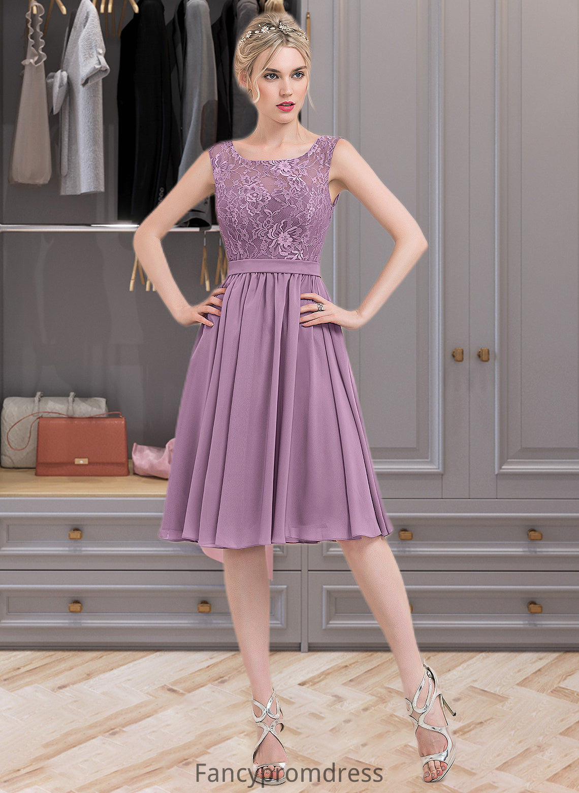 Alanna A-Line Square Neckline Knee-Length Chiffon Lace Bridesmaid Dress DRP0013252