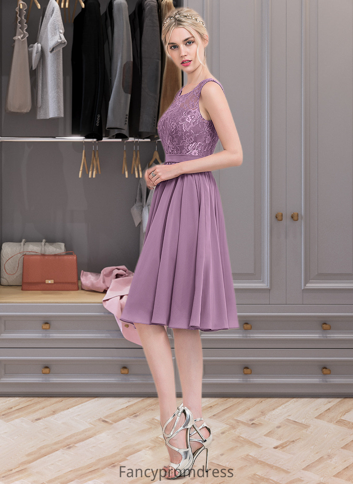 Alanna A-Line Square Neckline Knee-Length Chiffon Lace Bridesmaid Dress DRP0013252