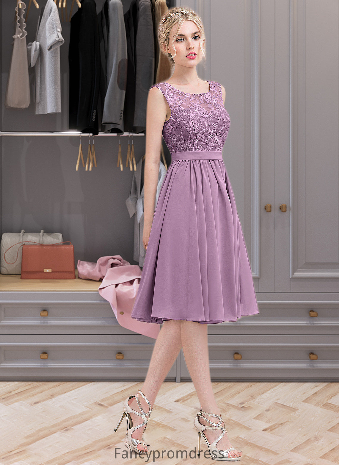 Alanna A-Line Square Neckline Knee-Length Chiffon Lace Bridesmaid Dress DRP0013252