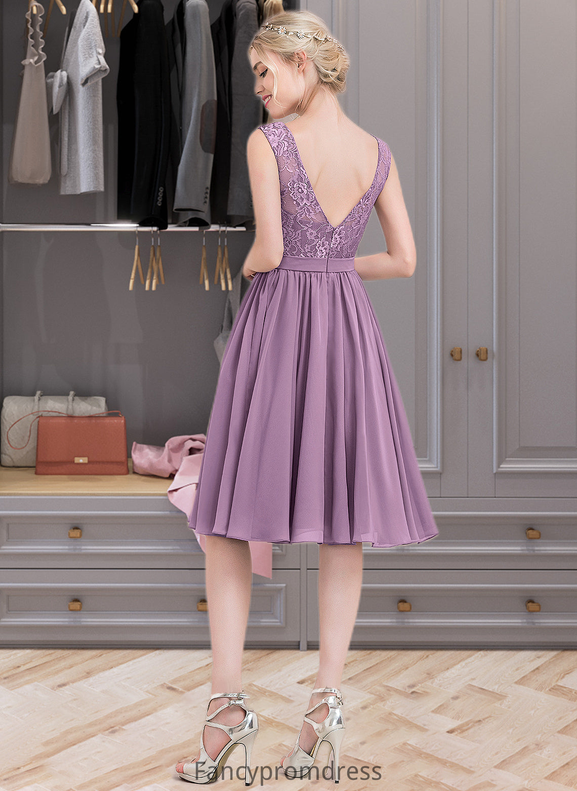 Alanna A-Line Square Neckline Knee-Length Chiffon Lace Bridesmaid Dress DRP0013252