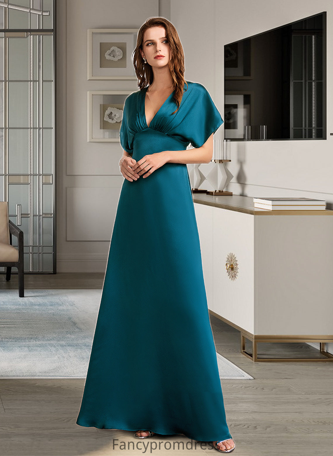 Larissa A-Line V-neck Floor-Length Bridesmaid Dress DRP0013255