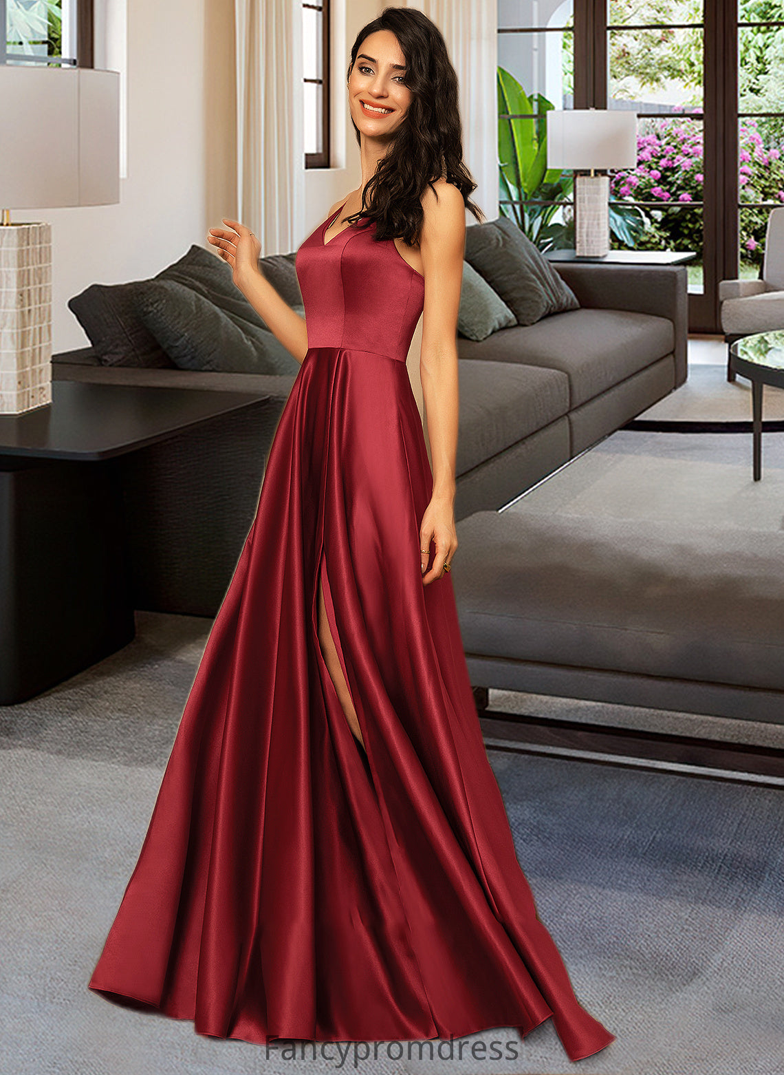 Gabriela A-LineV-neckFloor-LengthSatinBridesmaidDressWithPockets#251382 DRP0013256