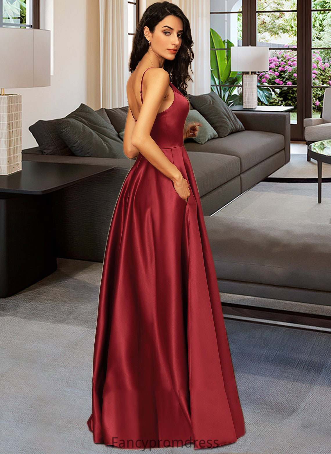 Gabriela A-LineV-neckFloor-LengthSatinBridesmaidDressWithPockets#251382 DRP0013256