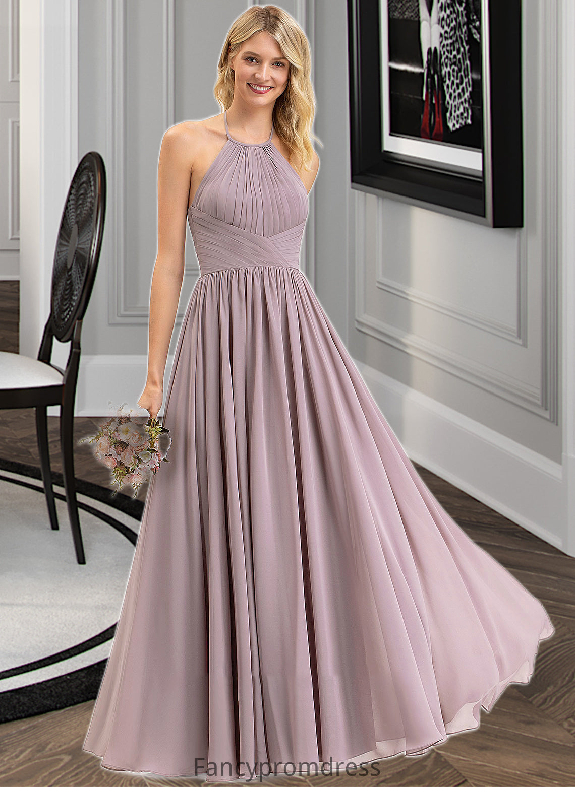 Anika Empire Halter Floor-Length Chiffon Bridesmaid Dress With Ruffle Bow(s) DRP0013258