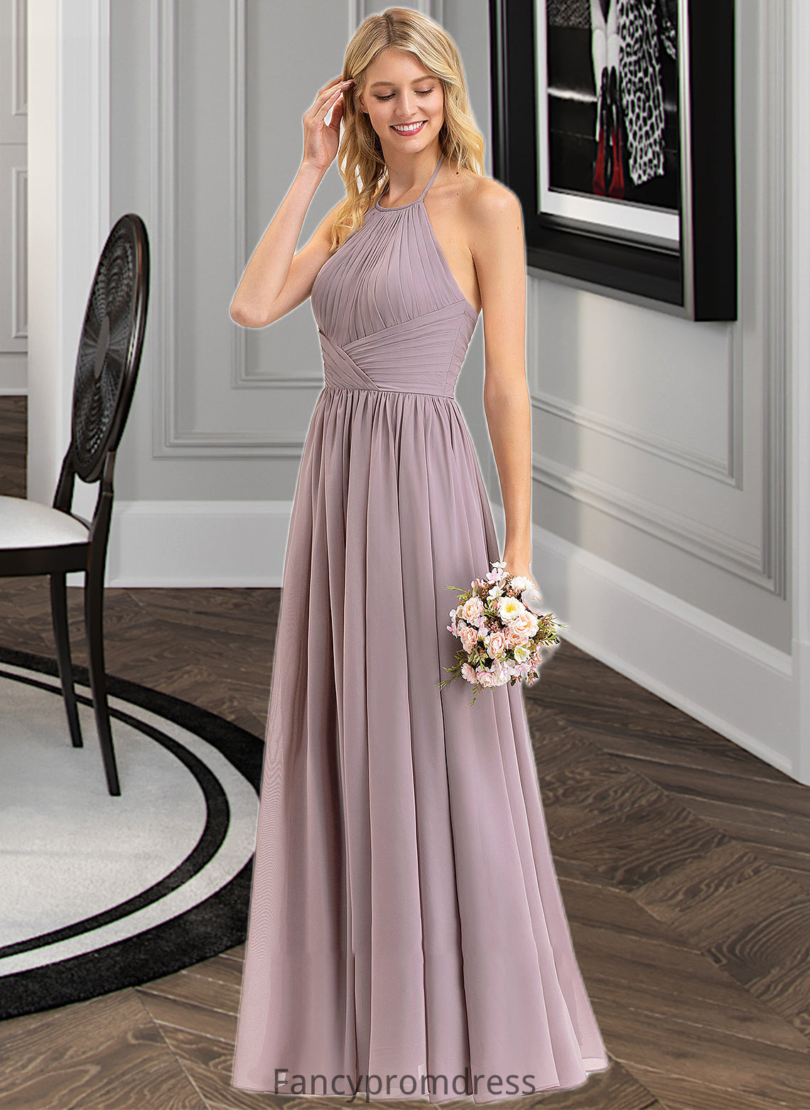 Anika Empire Halter Floor-Length Chiffon Bridesmaid Dress With Ruffle Bow(s) DRP0013258