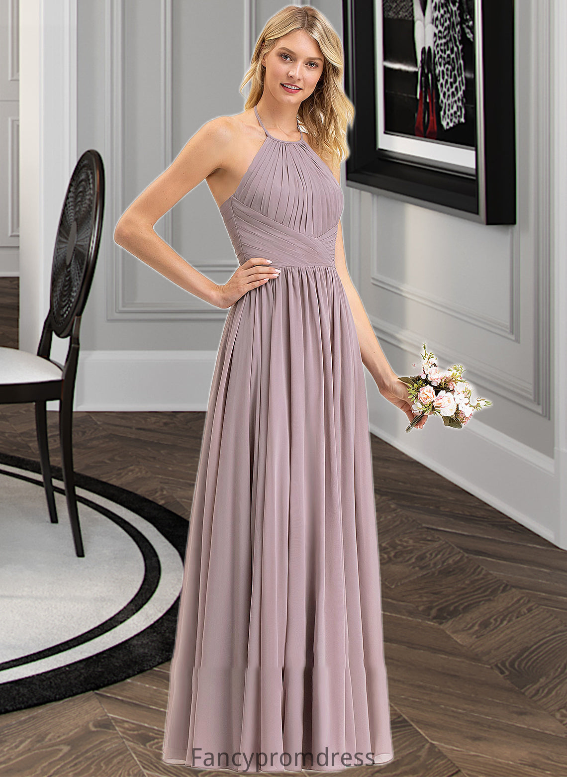 Anika Empire Halter Floor-Length Chiffon Bridesmaid Dress With Ruffle Bow(s) DRP0013258