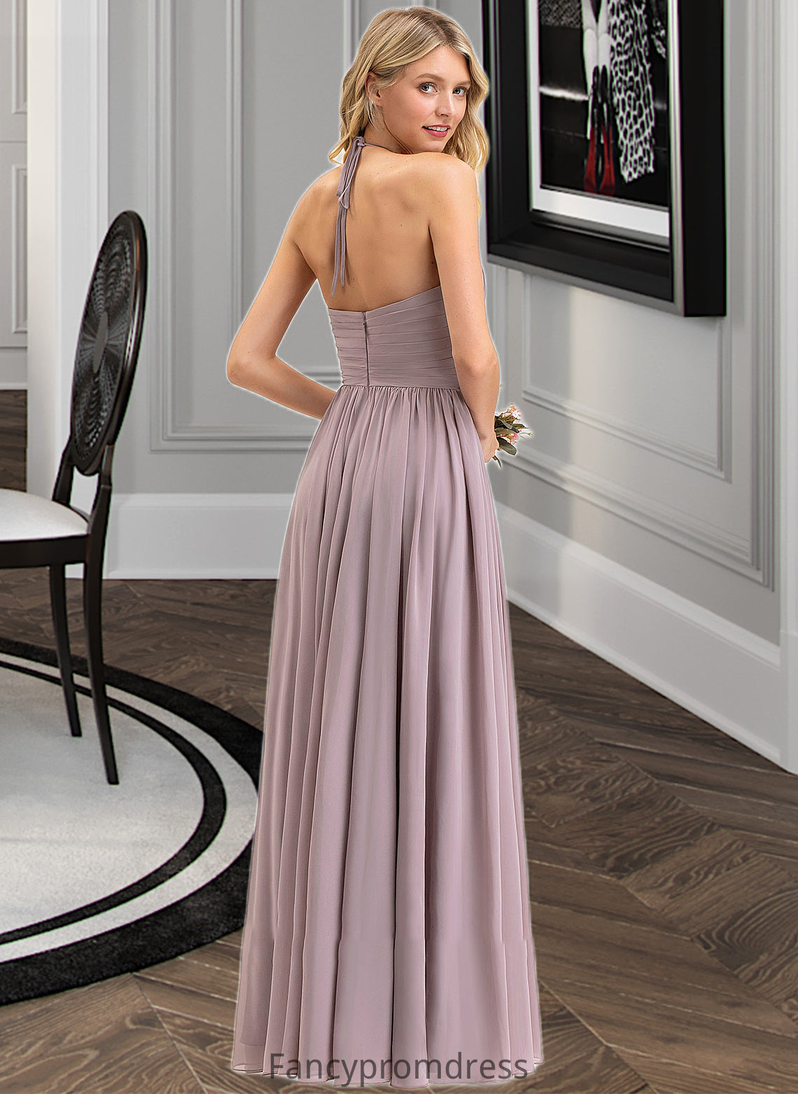 Anika Empire Halter Floor-Length Chiffon Bridesmaid Dress With Ruffle Bow(s) DRP0013258