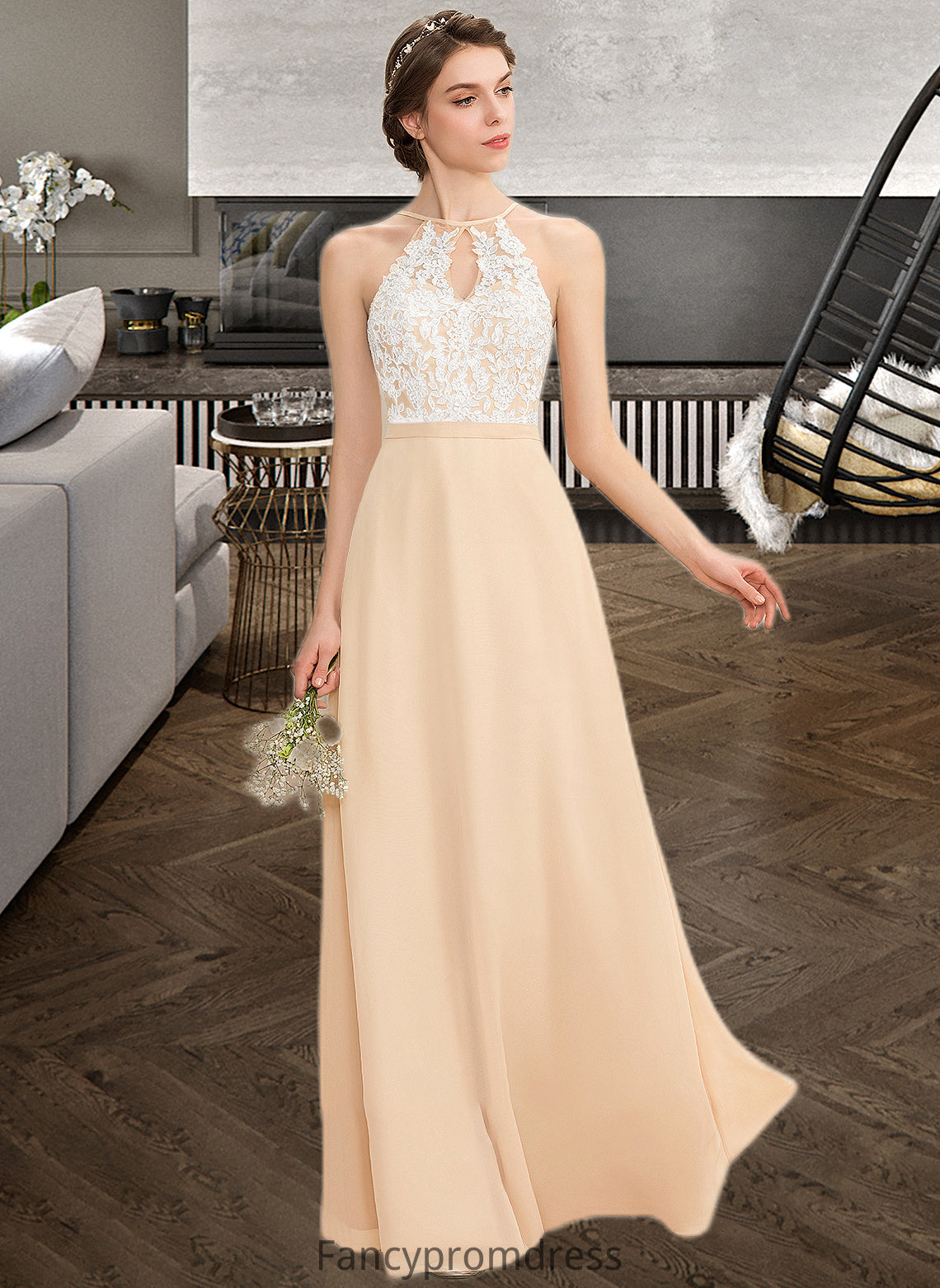 Meredith A-Line Scoop Neck Floor-Length Chiffon Lace Bridesmaid Dress With Bow(s) DRP0013259