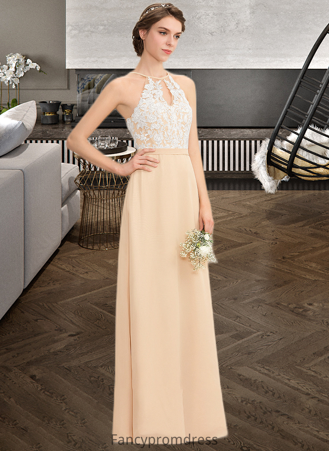 Meredith A-Line Scoop Neck Floor-Length Chiffon Lace Bridesmaid Dress With Bow(s) DRP0013259