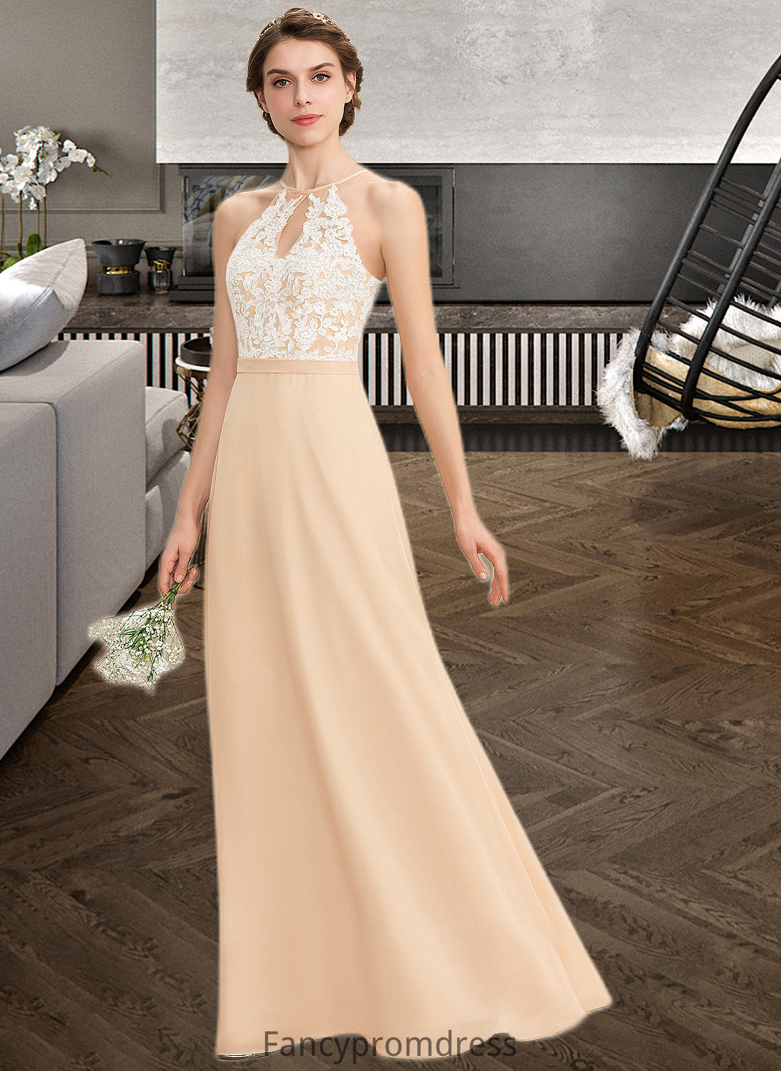 Meredith A-Line Scoop Neck Floor-Length Chiffon Lace Bridesmaid Dress With Bow(s) DRP0013259