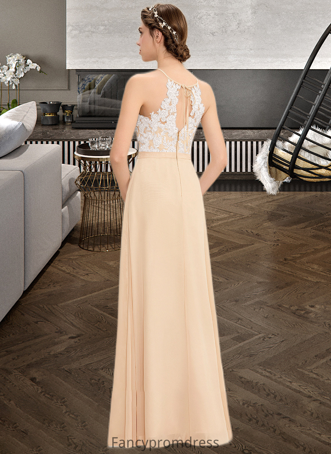 Meredith A-Line Scoop Neck Floor-Length Chiffon Lace Bridesmaid Dress With Bow(s) DRP0013259