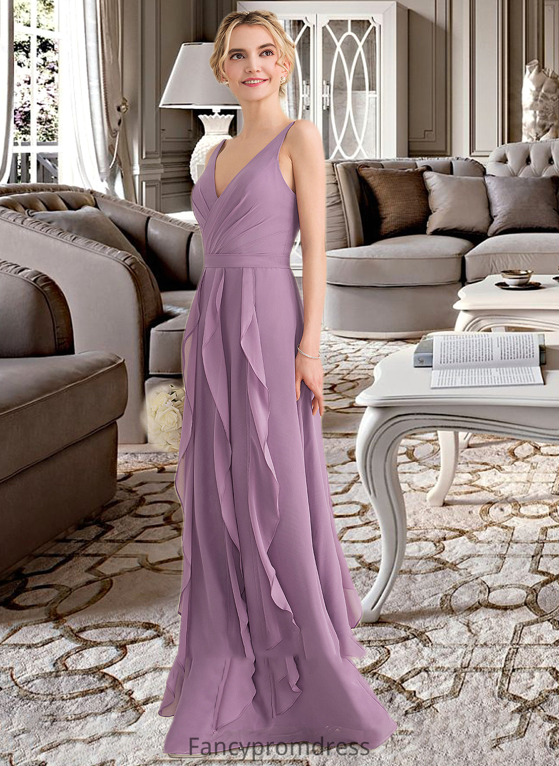 Jaelynn A-Line V-neck Floor-Length Chiffon Bridesmaid Dress With Cascading Ruffles DRP0013261