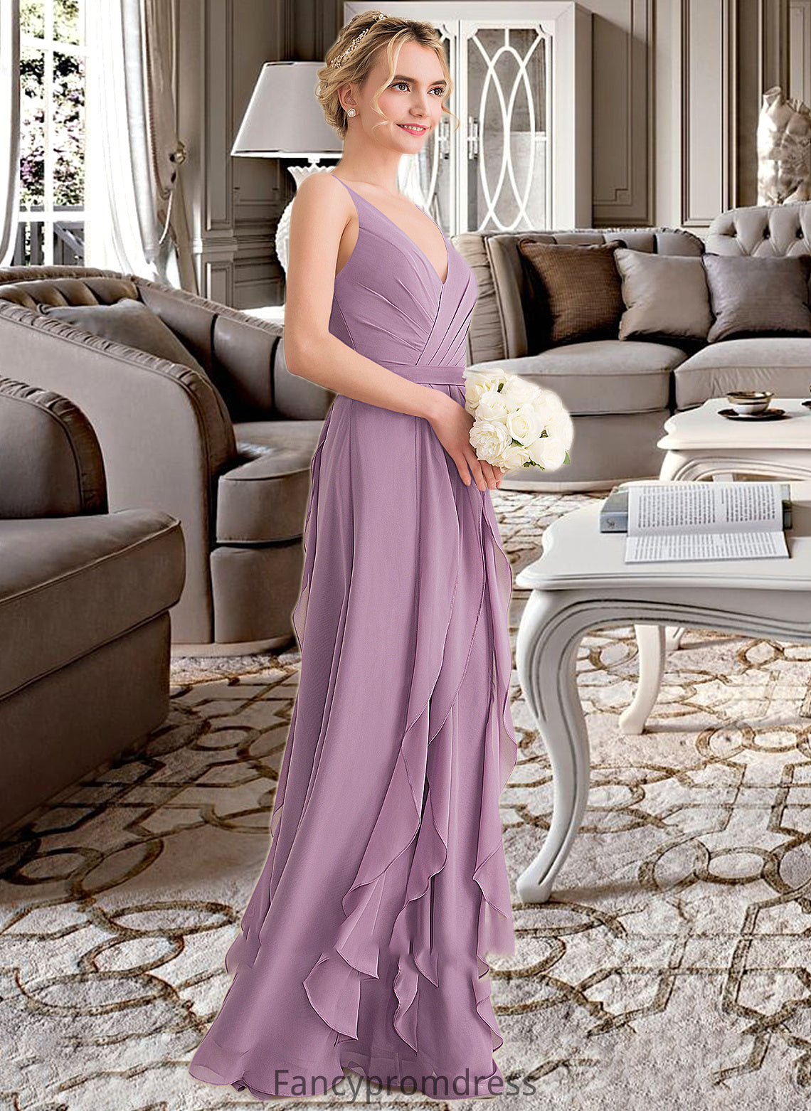 Jaelynn A-Line V-neck Floor-Length Chiffon Bridesmaid Dress With Cascading Ruffles DRP0013261