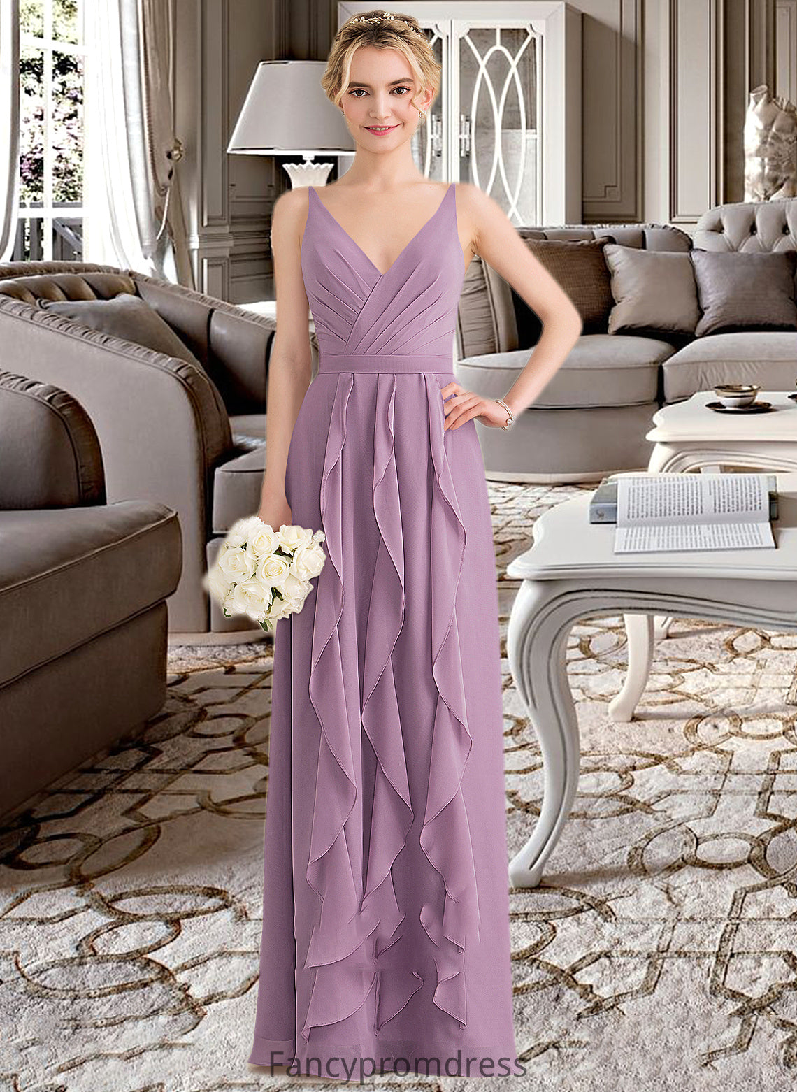 Jaelynn A-Line V-neck Floor-Length Chiffon Bridesmaid Dress With Cascading Ruffles DRP0013261